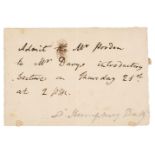 Davy (Humphry, 1778-1829), Autograph Ticket Signed in the third person, no date, c. 1800