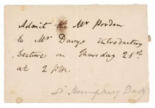 Davy (Humphry, 1778-1829), Autograph Ticket Signed in the third person, no date, c. 1800