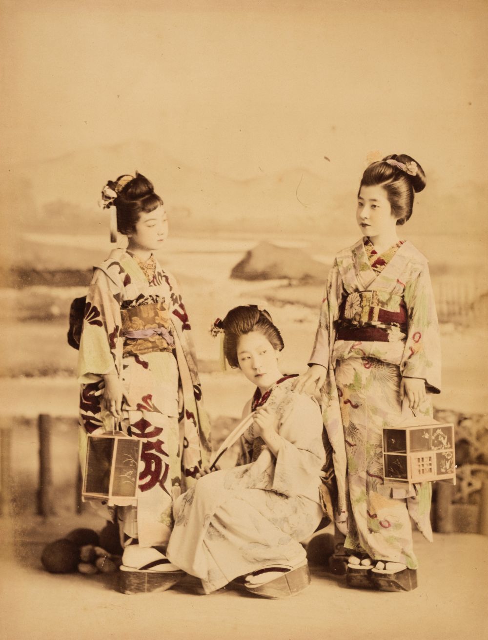 Japan. A group of 3 Japanese girls in traditional dress, c. 1880