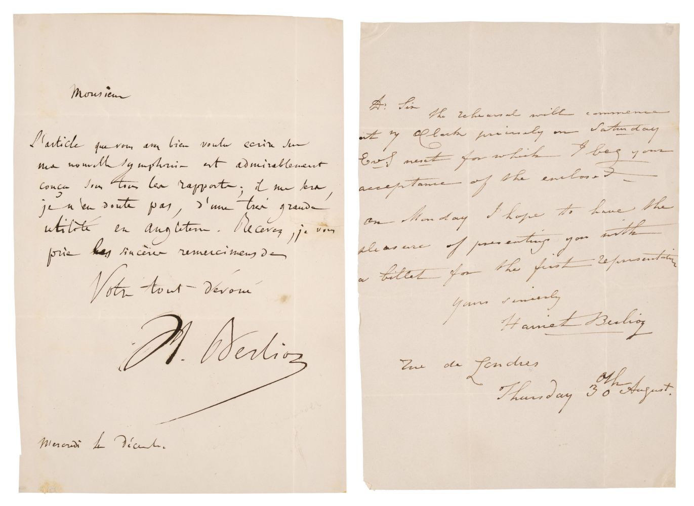 Berlioz (Hector, 1803-1869), Autograph Letter Signed, ‘H. Berlioz’, c. 1840