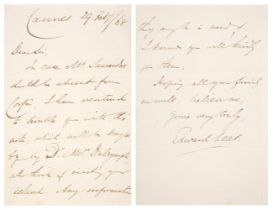 Lear (Edward, 1812-1888). Autograph Letter Signed, ‘Edward Lear’, Cannes, 29 February [18]68