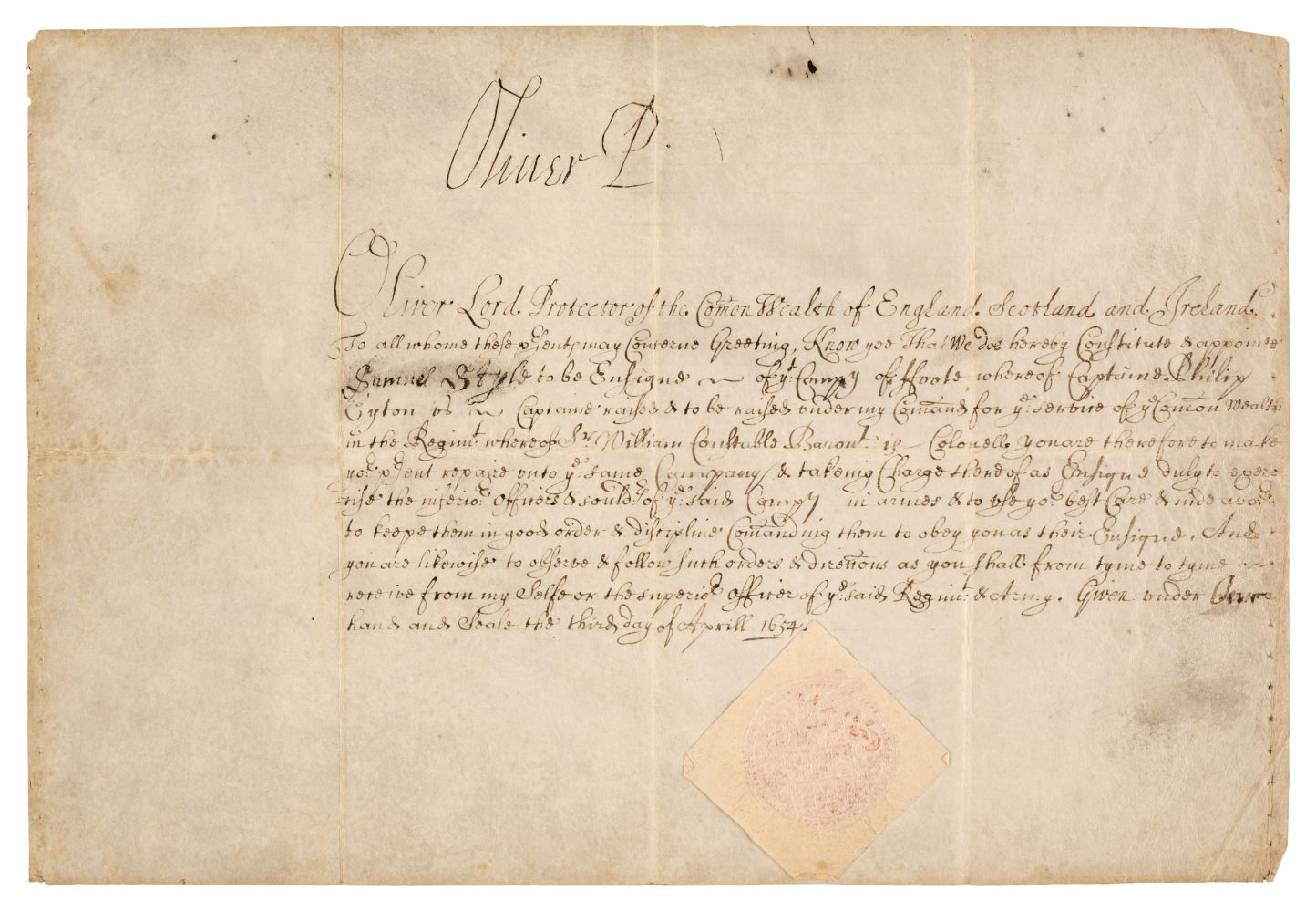 Cromwell (Oliver, 1599-1658), Document Signed, ‘Oliver P’, 3 April 1654