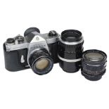 Pentax Spotmatic 35mm SLR film camera with 28mm, 55mm and 135mm lenses + Voigtlander & Agfa cameras