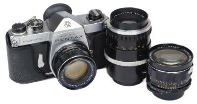 Pentax Spotmatic 35mm SLR film camera with 28mm, 55mm and 135mm lenses + Voigtlander & Agfa cameras