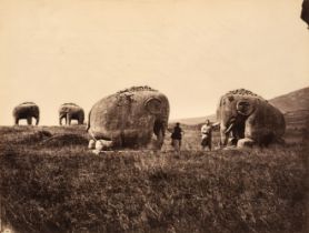 China. Elephants on both sides of the path leading to a Chinese temple, c. 1870