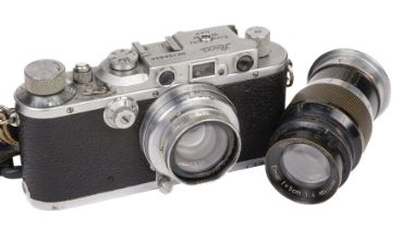 Leica III film camera (Ser. 158844) with Summar 50mm f/2 and Elmar 90mm f/4 lenses