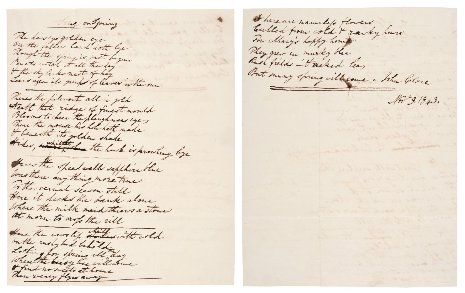 Clare (John, 1793-1864), Autograph Manuscript Poem Signed, ‘John Clare’, 9 November 1843