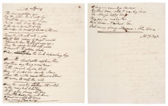 Clare (John, 1793-1864), Autograph Manuscript Poem Signed, ‘John Clare’, 9 November 1843