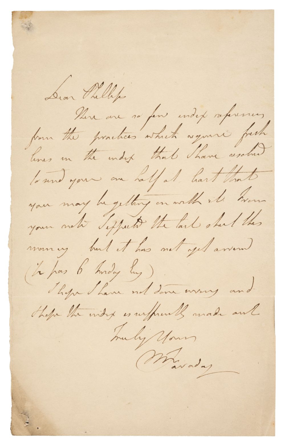 Faraday (Michael, 1791-1867), Autograph Letter Signed, ‘’M. Faraday’, no place, no date