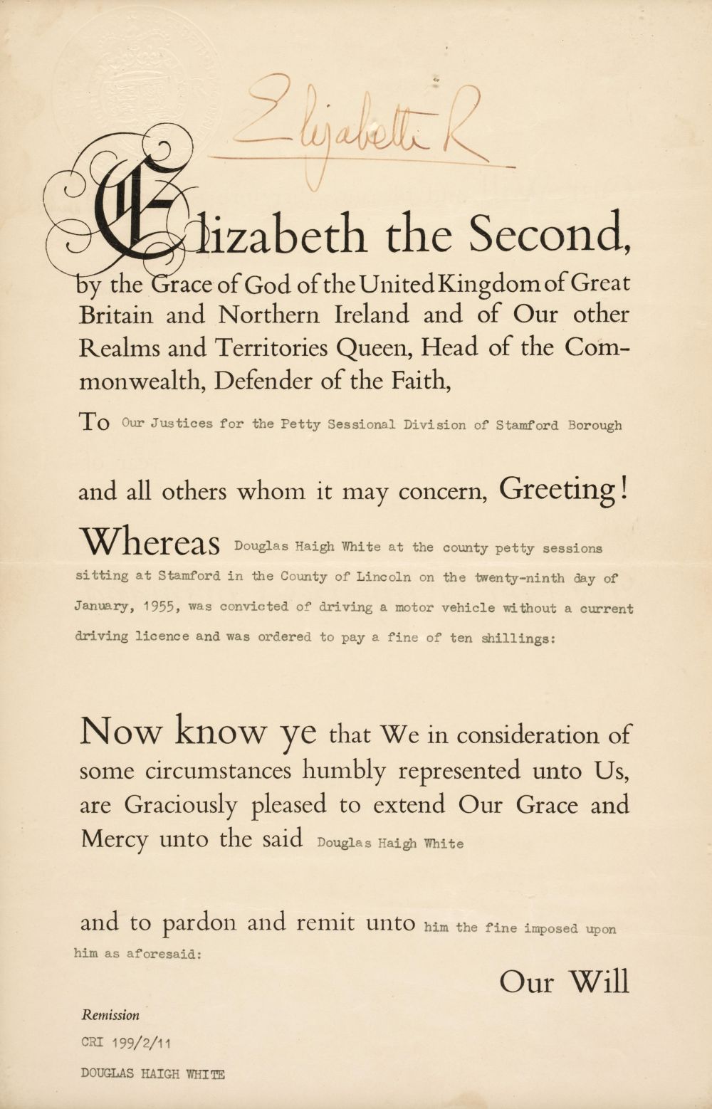 Elizabeth II (1926-2022), Document Signed, St James's, 6 May 1955