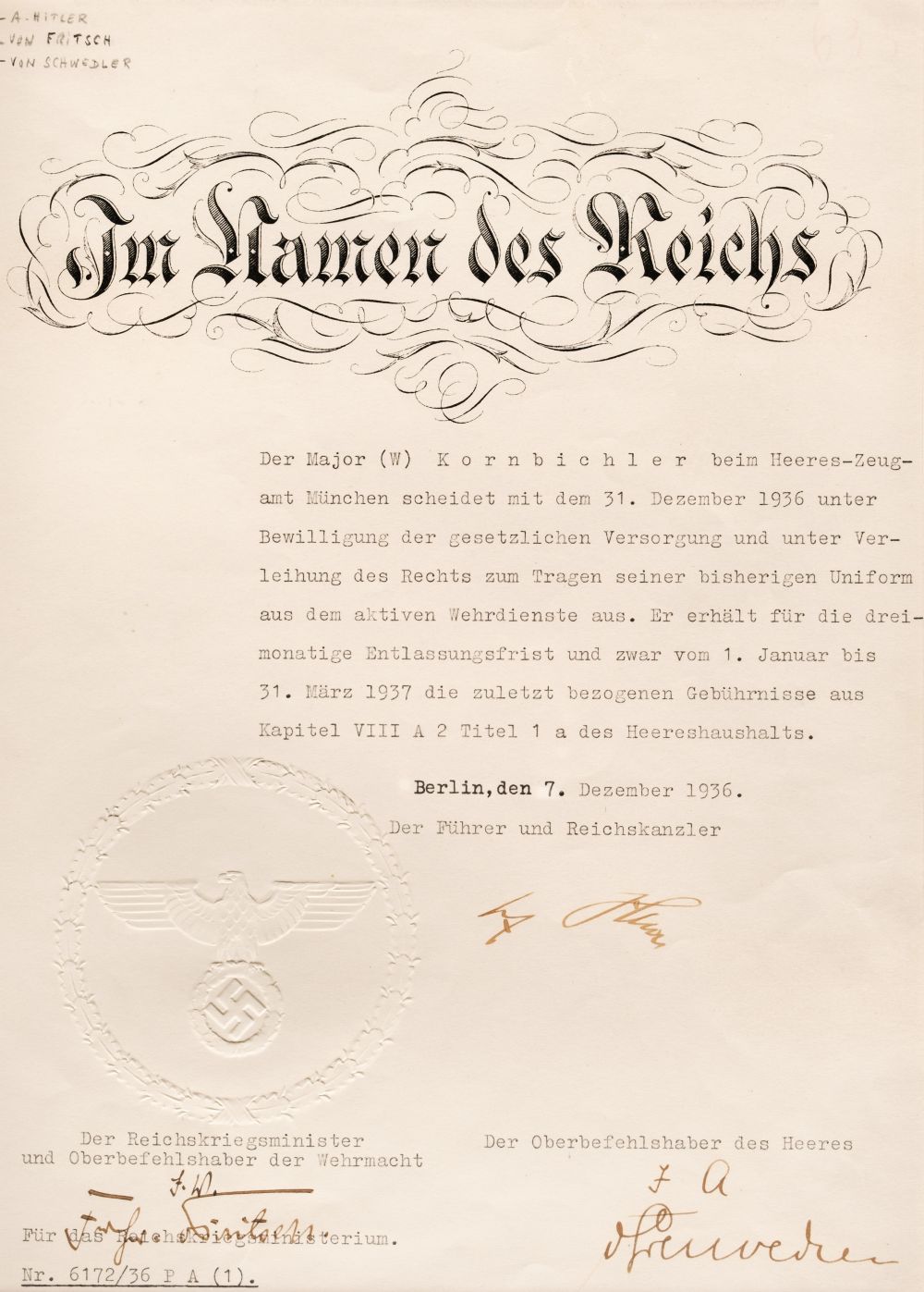 Hitler (Adolf, 1889-1945), Document Signed, 'Adolf Hitler', Berlin, 7 December 1936