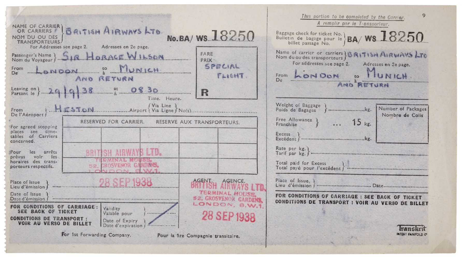 01 Munich Crisis. Neville Chamberlain’s flight ticket, 29 September 1938 - Image 14 of 16