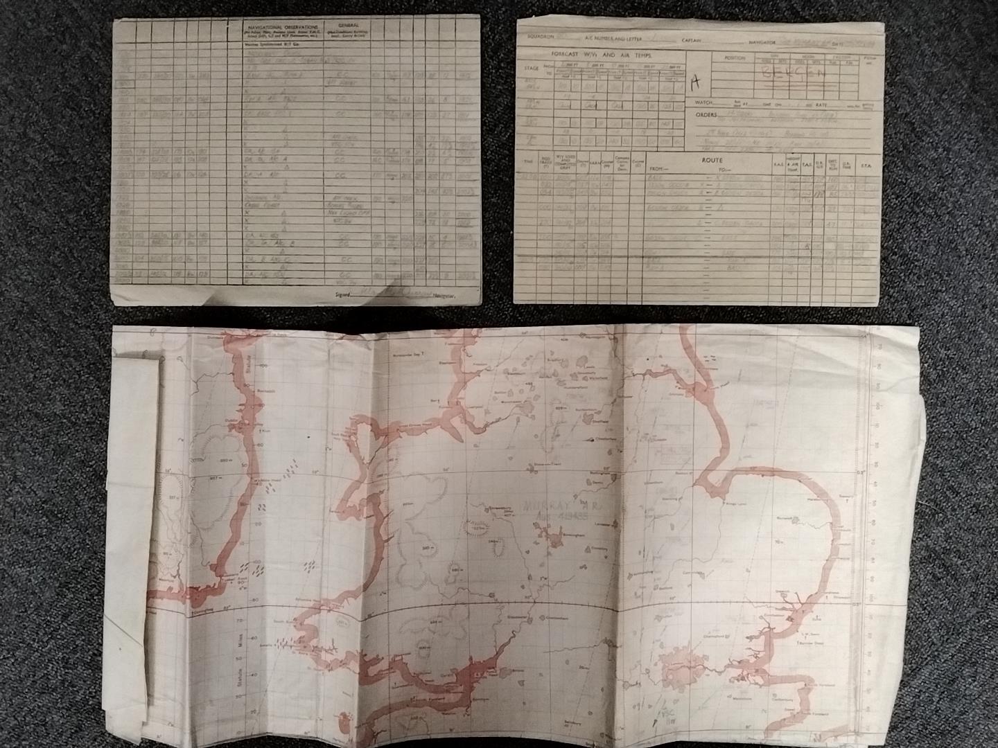 WWII Logs & Chart. WWII navigation logs and chart kept by Flight Sergeant Alan Murray, 50 Squadron