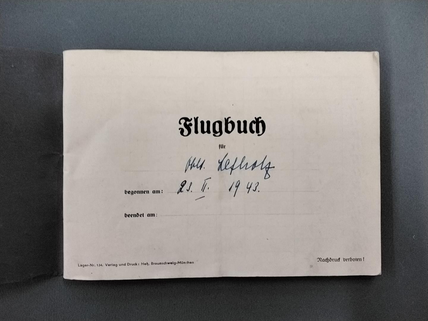 Log Book. WWII Luftwaffe pilots log book kept by Oberleutnant Lefholz