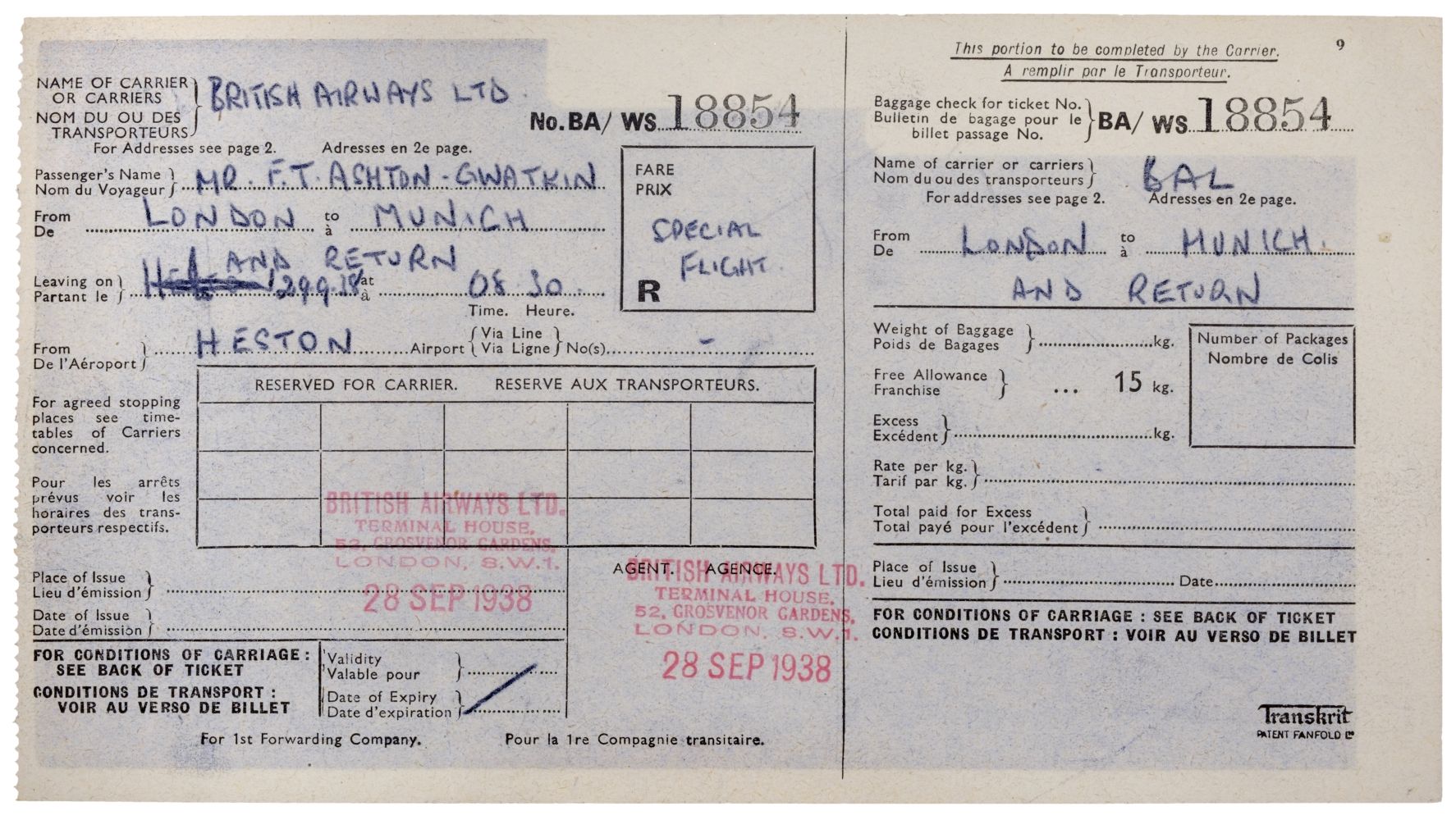 01 Munich Crisis. Neville Chamberlain’s flight ticket, 29 September 1938 - Image 9 of 16