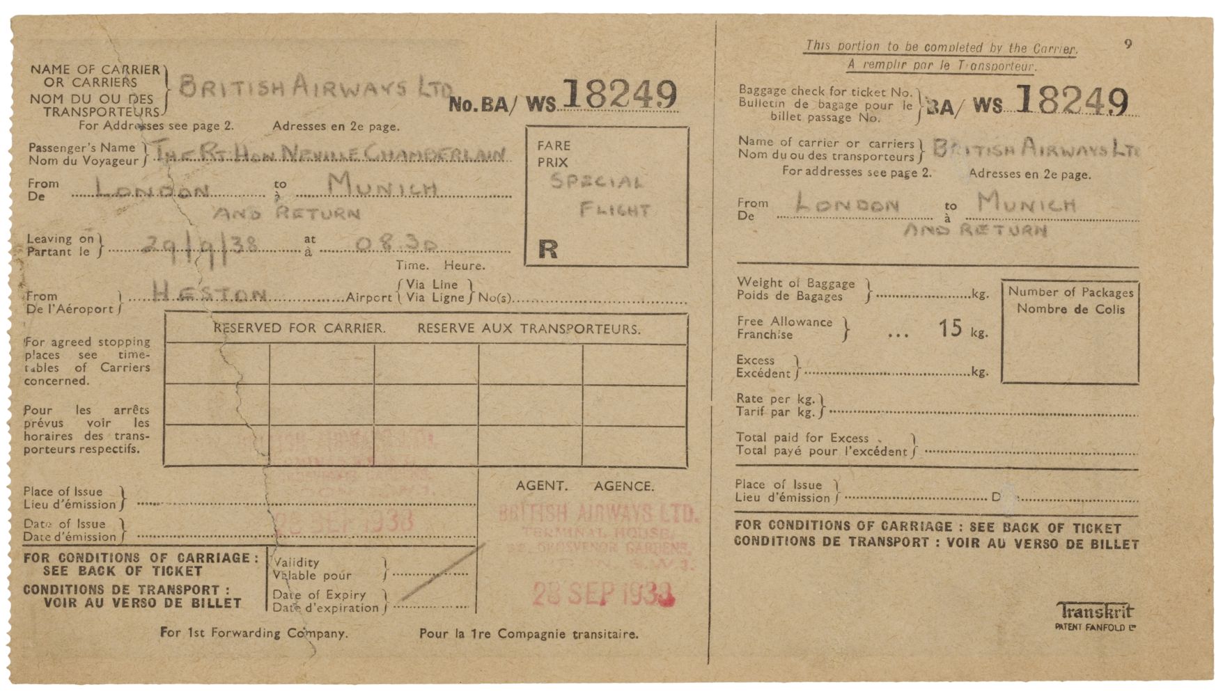 02 Munich Crisis. Neville Chamberlain’s flight ticket, 29 September 1938