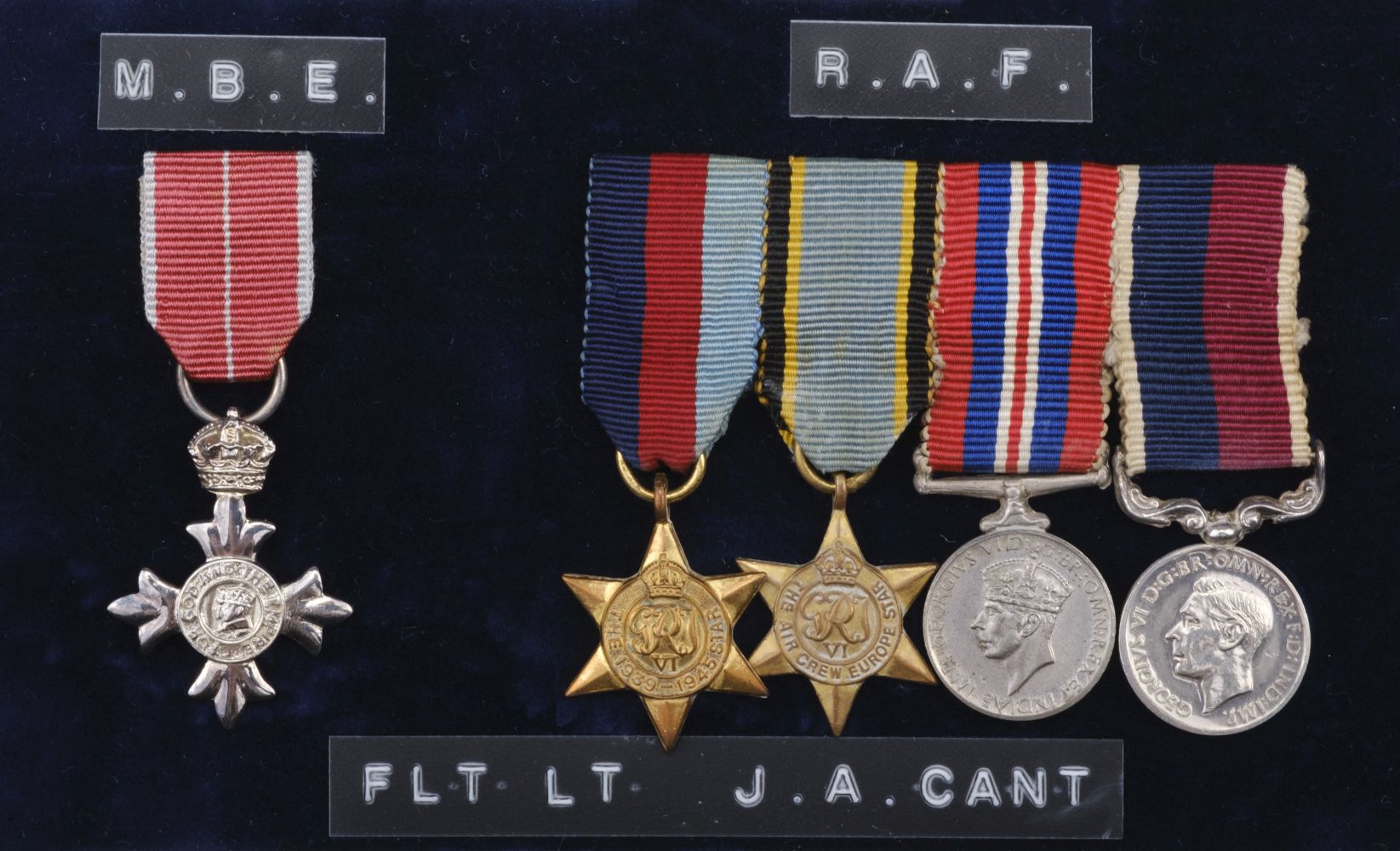 Miniature dress medals attributed to Flight Lieutenant J.A. Cant, M.B.E., Royal Air Force