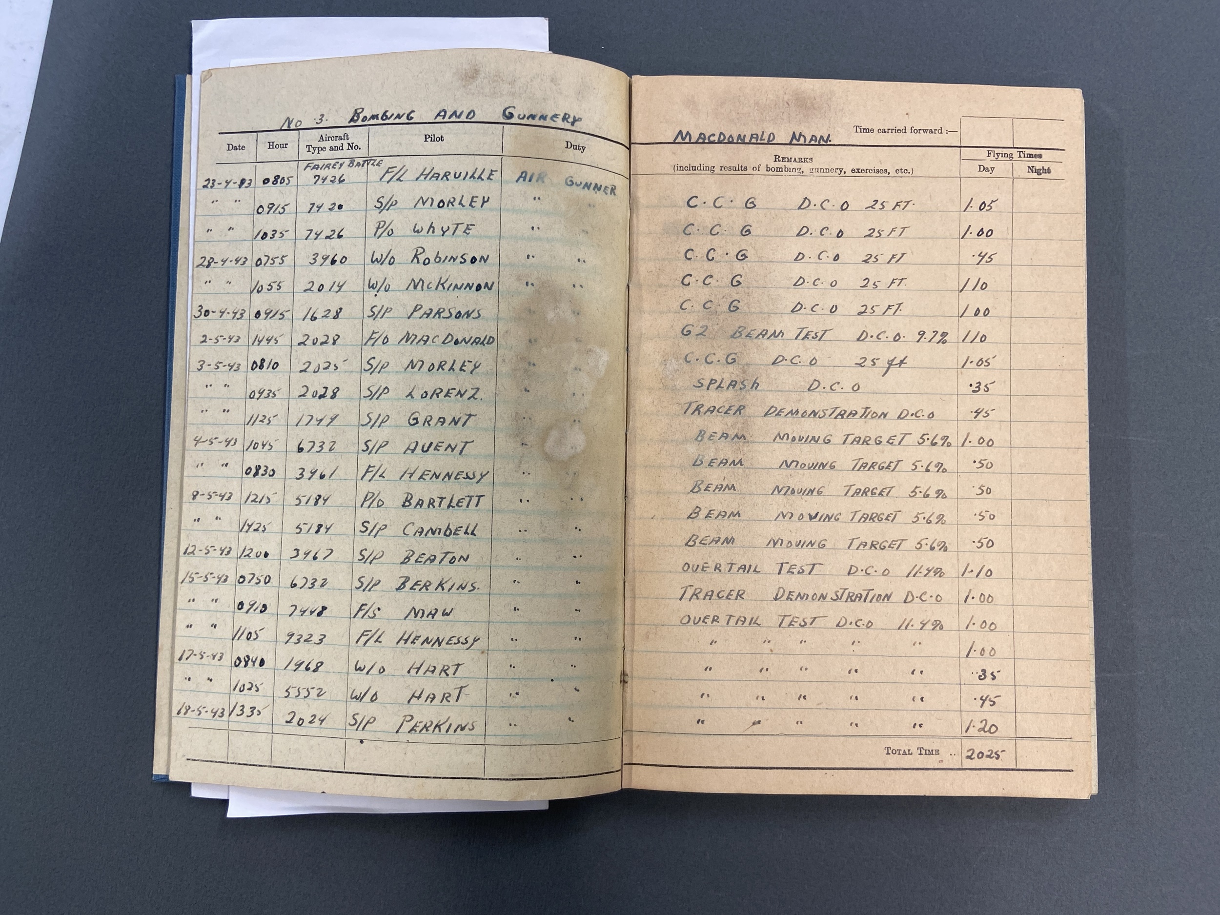 Log Book. WWII RAF Log book kept by Air Gunner B.W. Ronald, 180 Squadron - Image 4 of 5