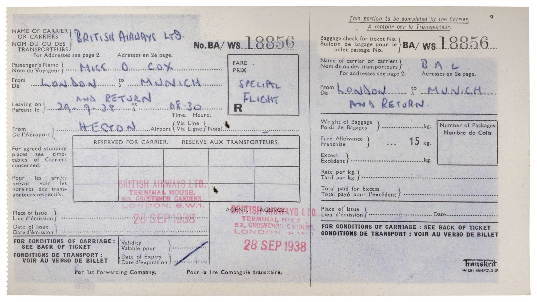 01 Munich Crisis. Neville Chamberlain’s flight ticket, 29 September 1938 - Image 6 of 16