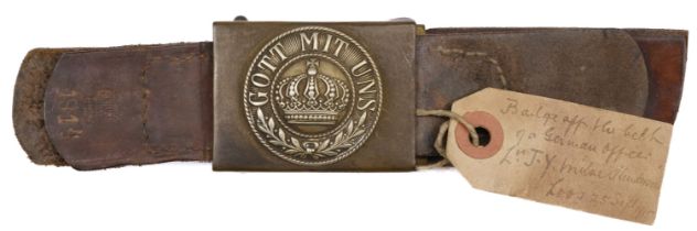 War Souvenir. Imperial German belt buckle, Lt J.Y. Milne Henderson Loos 25 Sept 1915'
