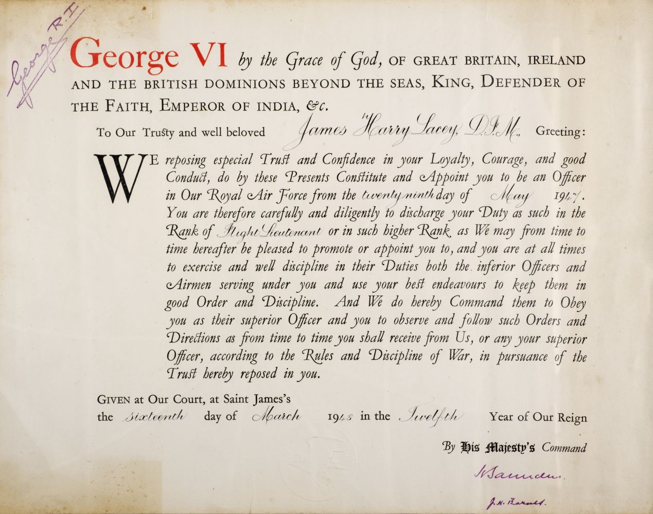 Squadron Leader J.H. (Ginger) Lacey. An original commissioning warrant dated 1947