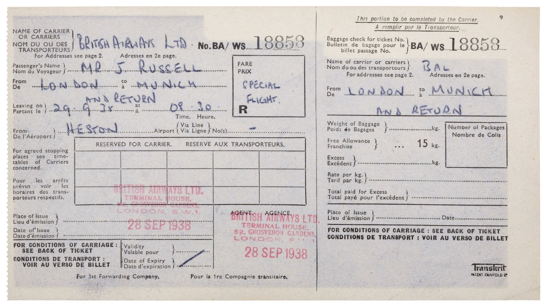 01 Munich Crisis. Neville Chamberlain’s flight ticket, 29 September 1938 - Image 8 of 16