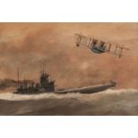 Page (James). HMS K26 with bi-plane above, 1918, watercolour on card
