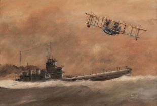 Page (James). HMS K26 with bi-plane above, 1918, watercolour on card