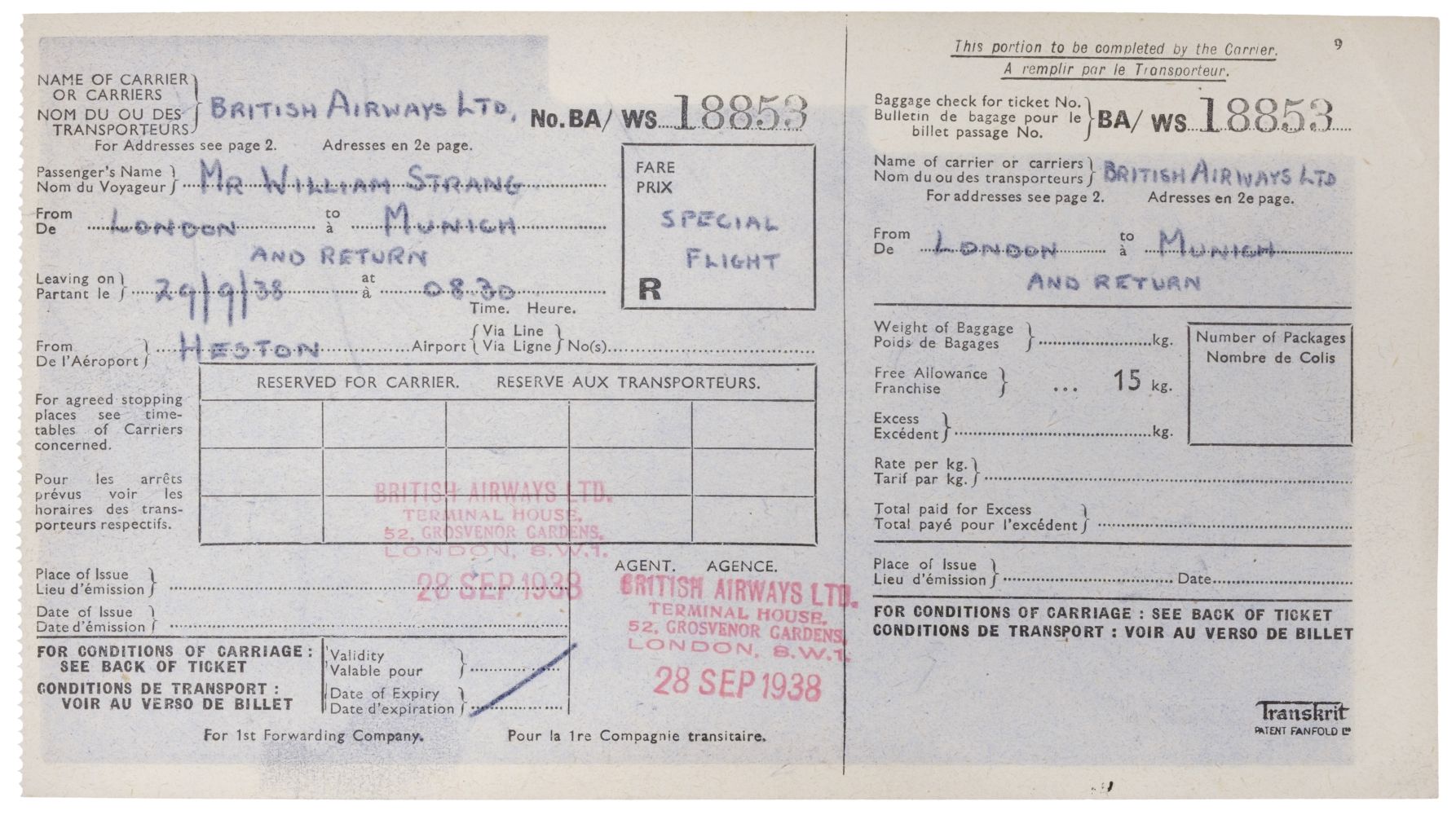 01 Munich Crisis. Neville Chamberlain’s flight ticket, 29 September 1938 - Image 10 of 16