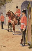 Holloway (Edgar A, 1870-1941). Edwardian guards on parade, watercolour