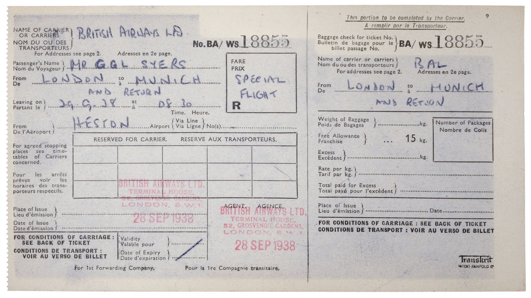 01 Munich Crisis. Neville Chamberlain’s flight ticket, 29 September 1938 - Image 5 of 16