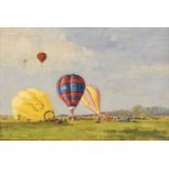 Longueville (James, 1942 -). Hot Air Balloons at Chalmondey Castle, oil on board