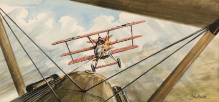 Howell (John, 1936 -). WWI dogfight, watercolour on paper, showing the Red Baron