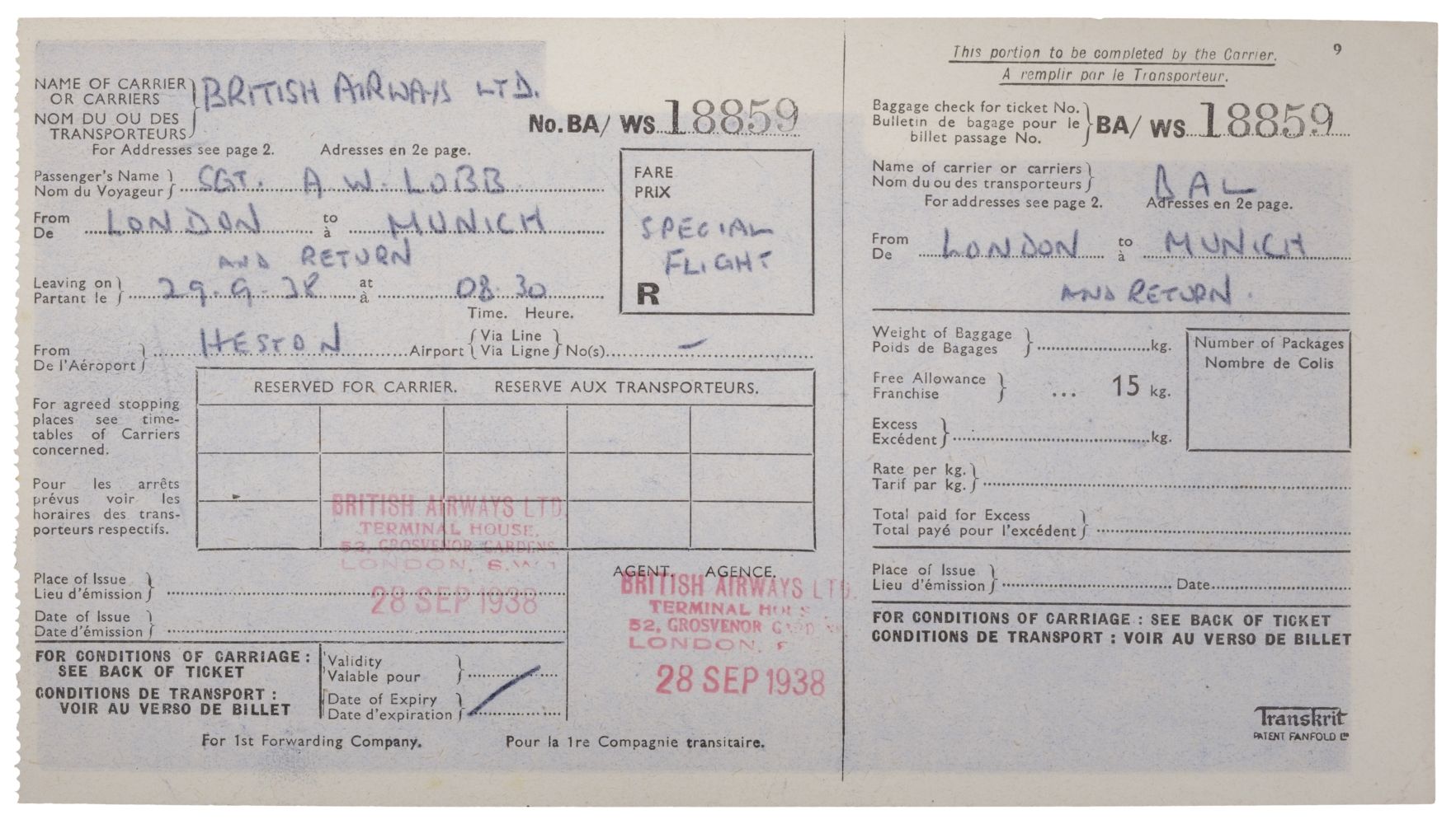 01 Munich Crisis. Neville Chamberlain’s flight ticket, 29 September 1938 - Image 3 of 16