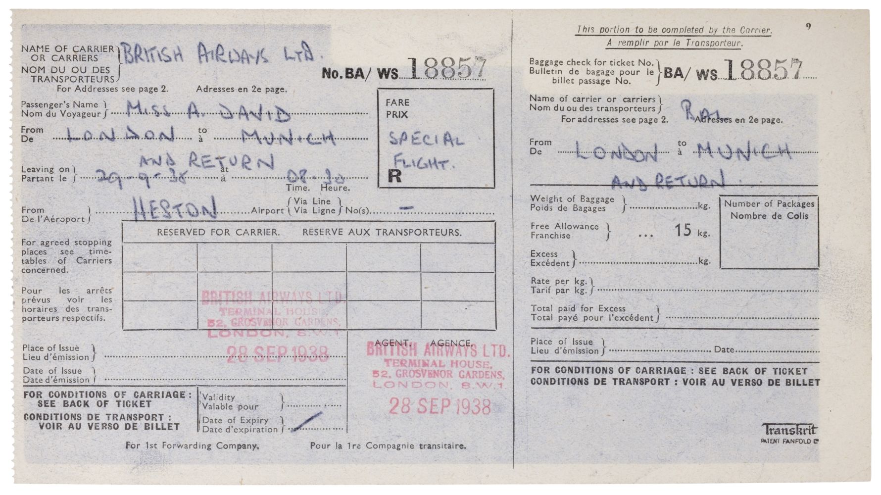 01 Munich Crisis. Neville Chamberlain’s flight ticket, 29 September 1938 - Image 7 of 16
