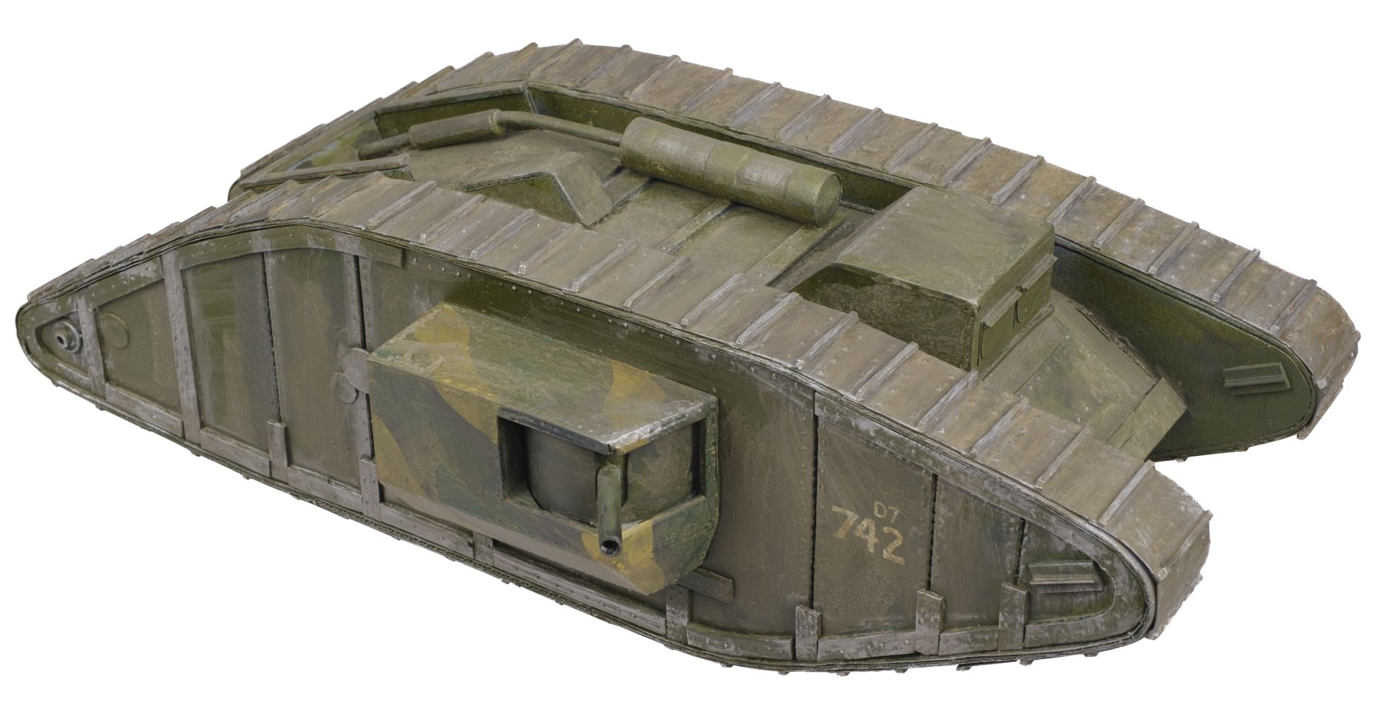 WWI Tank. A large scratch-built model of a WWI British tank D7 742