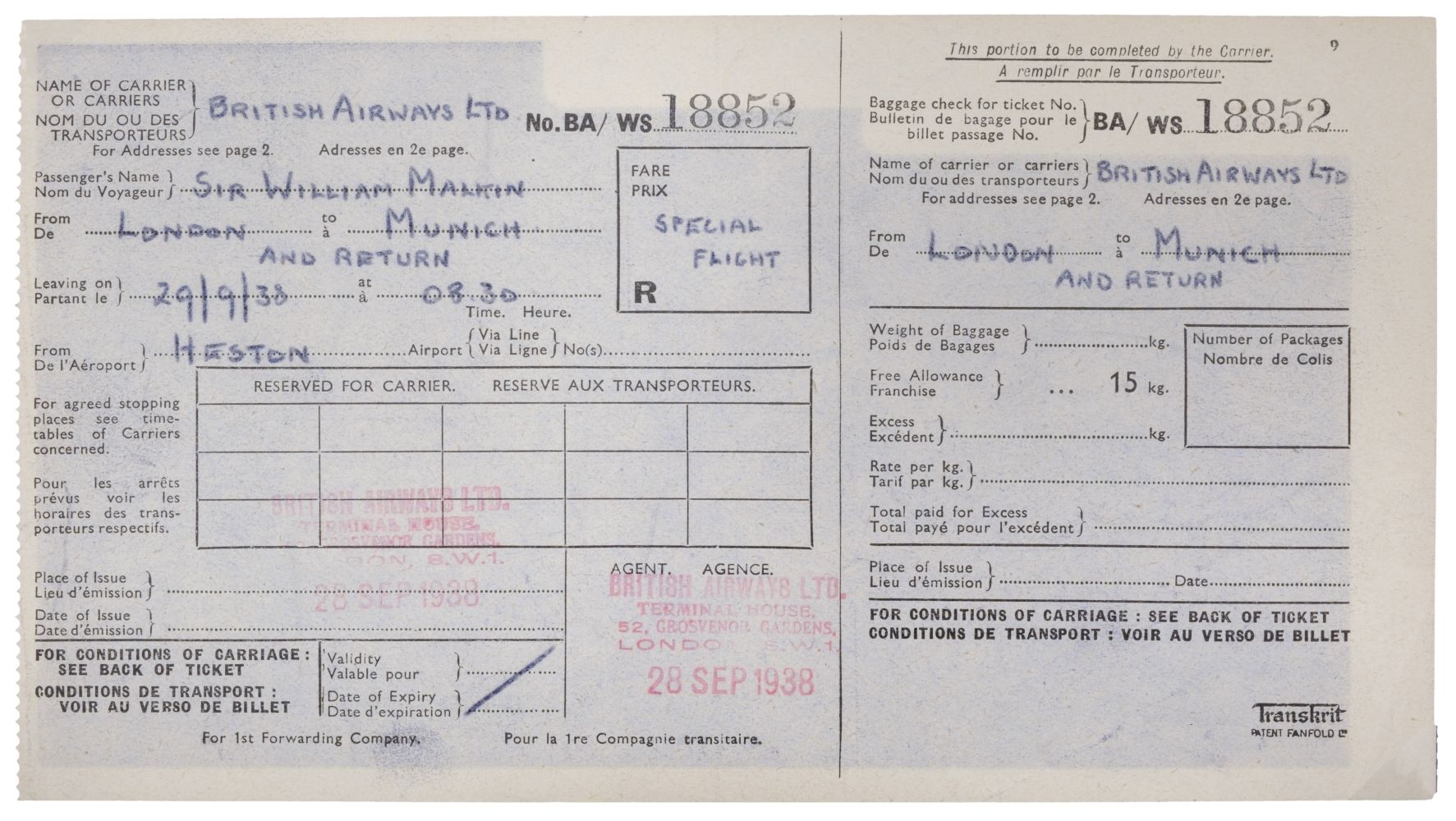 01 Munich Crisis. Neville Chamberlain’s flight ticket, 29 September 1938 - Image 11 of 16