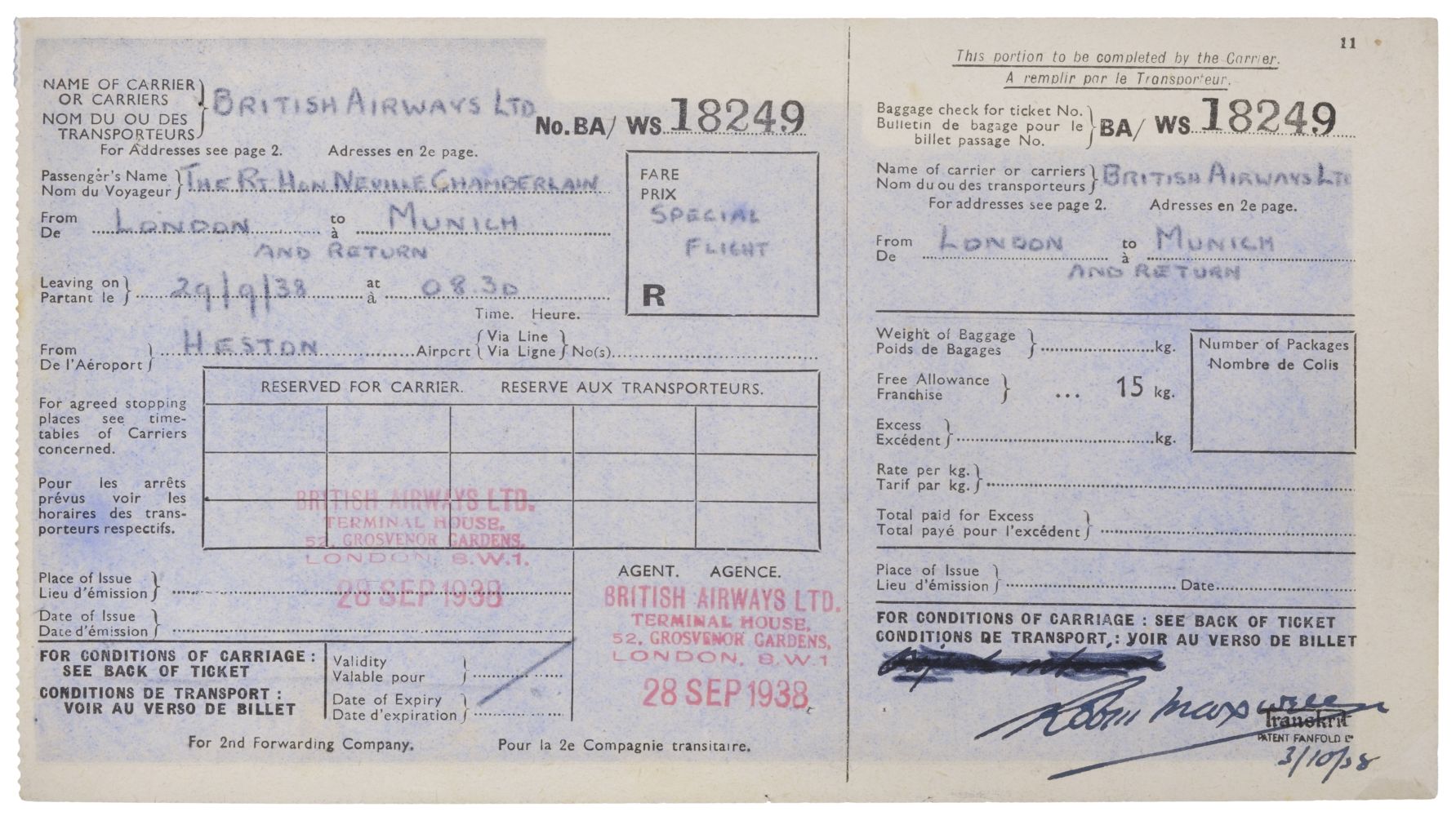 01 Munich Crisis. Neville Chamberlain’s flight ticket, 29 September 1938 - Image 13 of 16