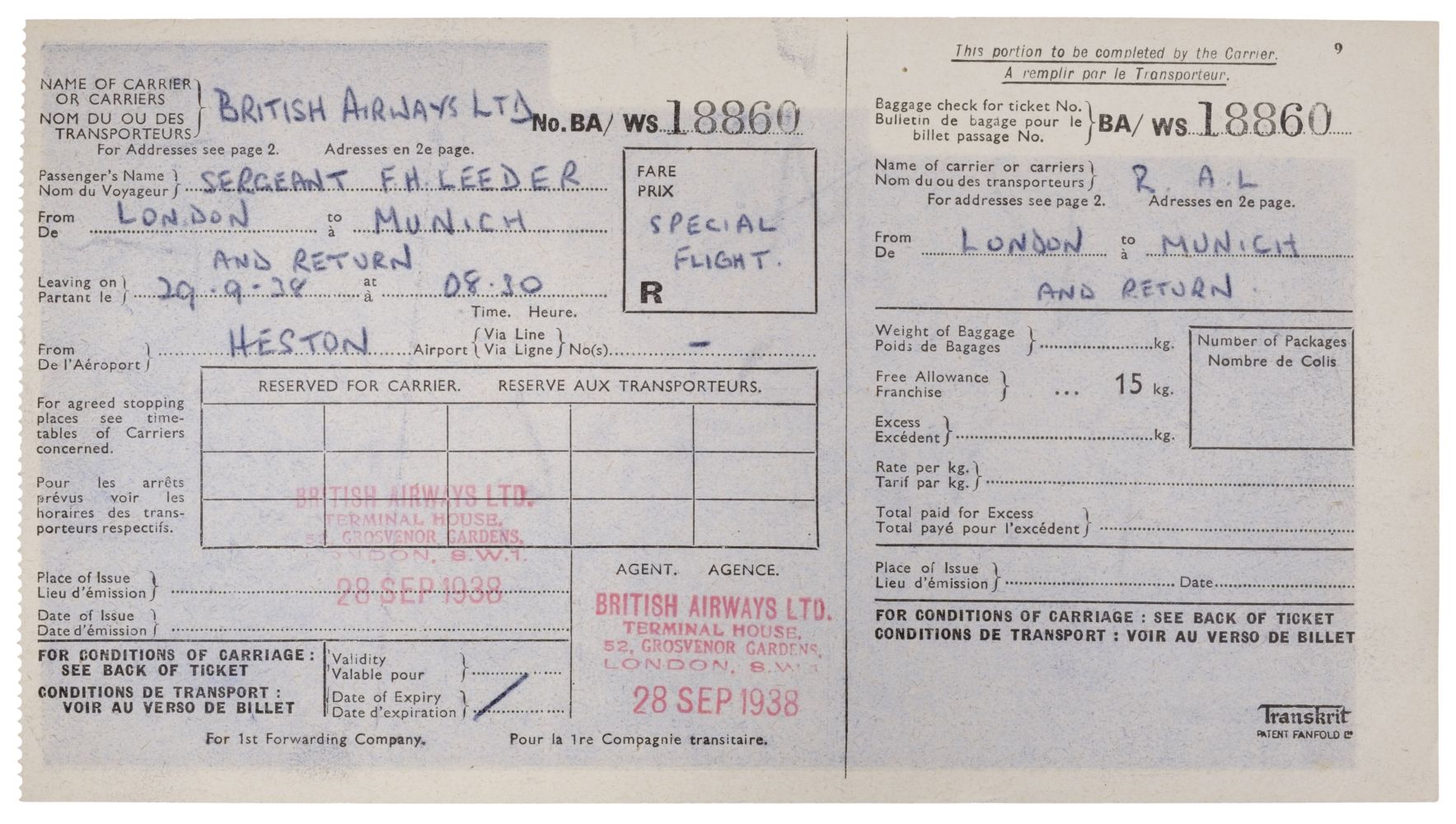 01 Munich Crisis. Neville Chamberlain’s flight ticket, 29 September 1938 - Image 4 of 16