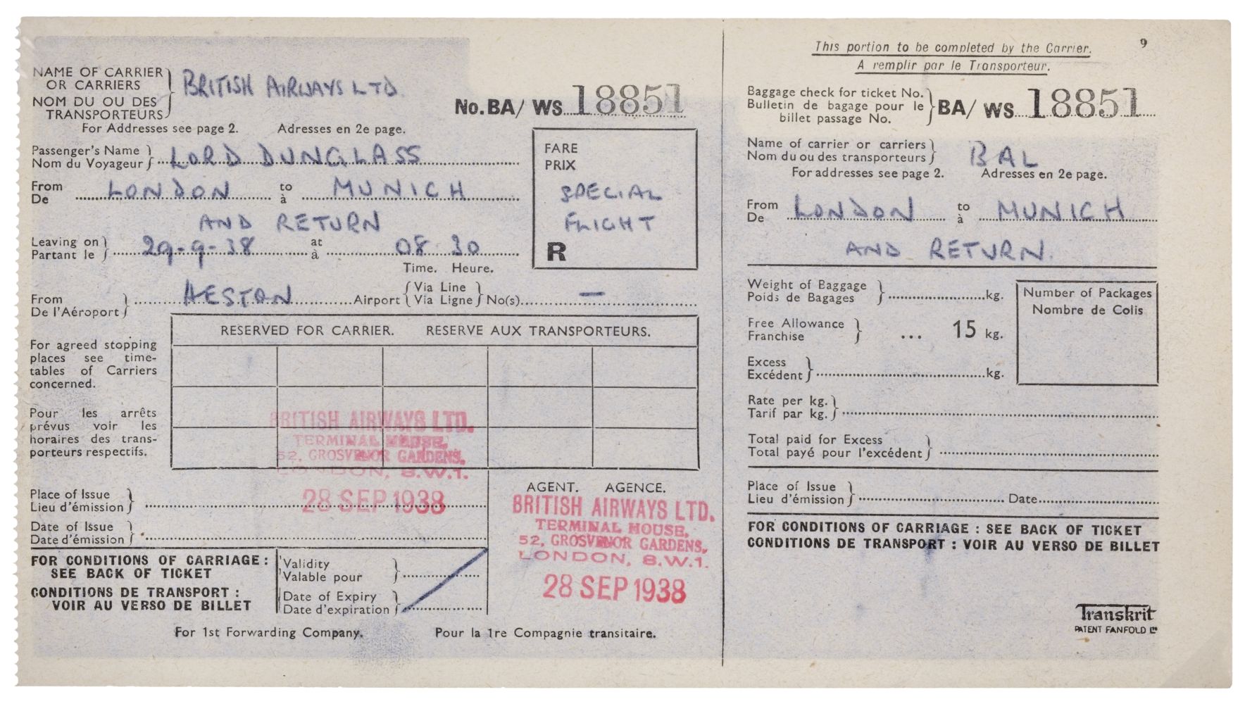 01 Munich Crisis. Neville Chamberlain’s flight ticket, 29 September 1938 - Image 12 of 16