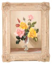 *ALEXANDER WILSON (20th Century) A still life study of pink and yellow roses in a glass vase