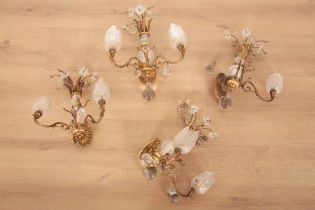 A SET OF FOUR CUT GLASS AND ORMOLU TWIN SCONCE WALL LIGHTS