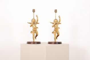 A PAIR OF GILT METAL FIGURAL TABLE LAMPS