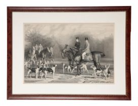 A LARGE ENGRAVING OF A HUNTING SCENE