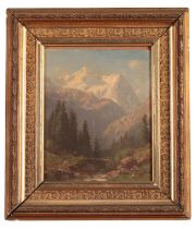 ENGLISH SCHOOL, 19th century An alpine landscape with a figure and a bridge