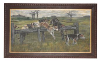 JEAN TERRY (20TH CENTURY), Hounds leaping a fence