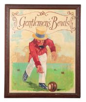 A POLYCHROME PAINTED ADVERTISING SIGN OR DECORATIVE PANEL FOR 'GENTLEMEN'S BOWLS'