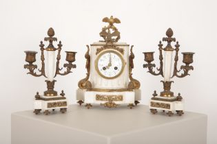 A FRENCH ORMOLU AND WHITE MARBLE CLOCK GARNITURE