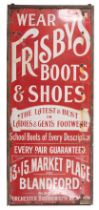 A VINTAGE ENAMEL SIGN FOR 'FRISBY'S BOOTS & SHOES, 13 & 15 MARKET PLACE, BLANDFORD'