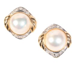 A PAIR OF MABÉ PEARL AND DIAMOND EARRINGS